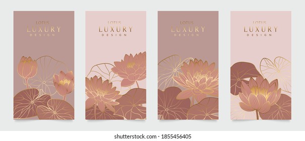 Luxury cover design template. Lotus line arts hand draw gold lotus flower and leaves. Design for packaging design, social media post, cover, banner, creative post, Gold geometric pattern design vector