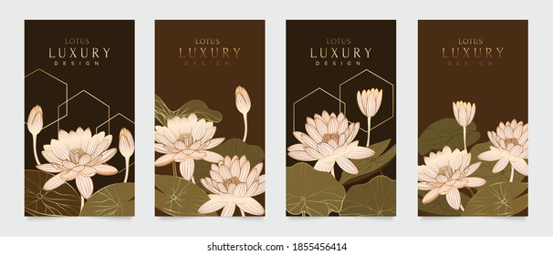 Luxury cover design template. Lotus line arts hand draw gold lotus flower and leaves. Design for packaging design, social media post, cover, banner, creative post, Gold geometric pattern design vector