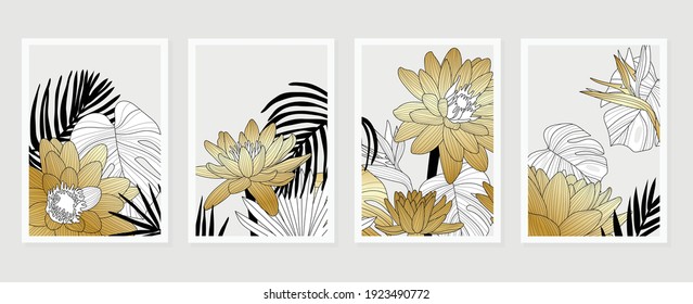 Luxury cover design template. Lotus line arts hand draw gold lotus flower and leaves. Design for packaging design, social media post, cover, banner, Wall arts, Gold geometric pattern design vector