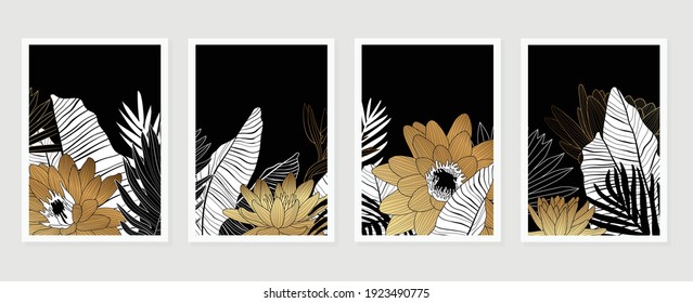 Luxury cover design template. Lotus line arts hand draw gold lotus flower and leaves. Design for packaging design, social media post, cover, banner, Wall arts, Gold geometric pattern design vector