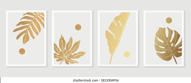 Luxury cover design template. Tropical line arts hand draw gold exotic flower and leaves. Design for packaging design, social media post, cover, banner, Wall arts, Gold geometric pattern design vector