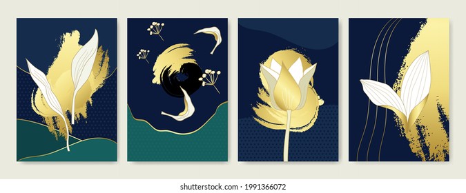 Luxury cover design template. Tropical line arts hand draw gold exotic flower and leaves. Design for packaging design, social media post, cover, banner, Wall arts, Gold geometric pattern design