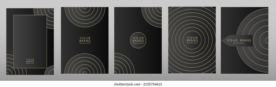 Luxury cover frame design set with golden round ring circle pattern on black background. Modern creative premium backdrop. Formal simple vector template for business brochure, certificate, invitation