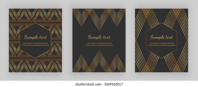Cubierta de lujo con diseño geométrico y líneas doradas de moda sobre el fondo negro. Ilustración vectorial moderna. Plantilla para embalaje, banner, tarjeta, volante, invitación, fiesta, publicidad impresa

