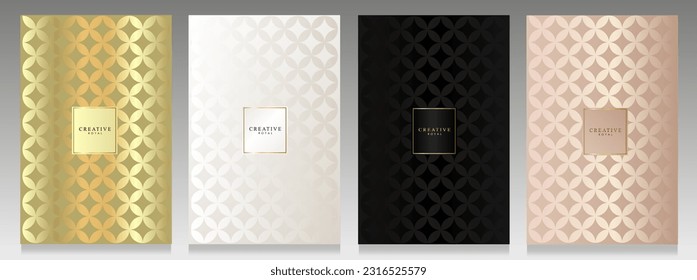 Luxury cover set. Abstract geometric pattern, seamless pattern: gold, platinum, black and pink. Elegant brochure pattern, trendy sophisticated invitations.