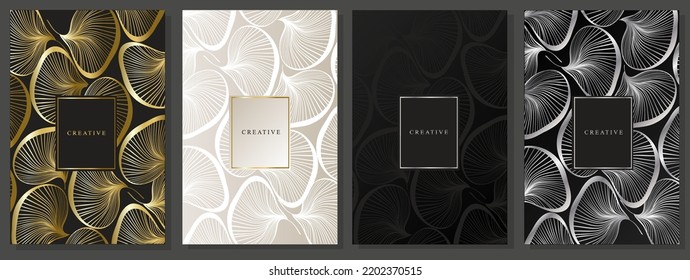 La cubierta de lujo con pétalos abstractos. Motivo floral elegante y metálico. Dorado, platino, volante plateado, folleto, plantilla vectorial.