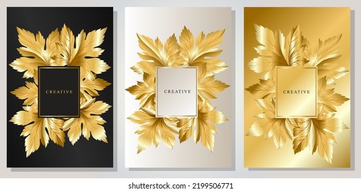 Luxury cover set with autumn leaves. Golden foliage frame on black, platinum and gold background. Modern template brochure.