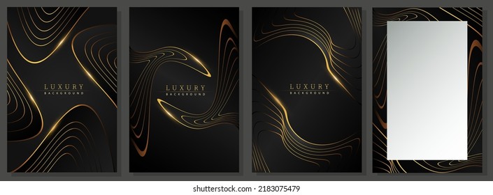 Luxury cover set in black and gold. Modern design, distorted shapes and lines. Sparks on the curved lines. Elegant brochure or vip packaging for business, elegant events, menu, deluxe gift card.