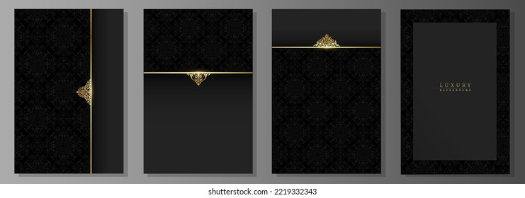 Luxury cover set: black and gold. Victorian style pattern and gold decorations. Brochures, vouchers, backgrounds, luxurious invitation cards