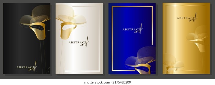 Luxury cover set. Blak, platinum, gold and blue background. Calla floweroutline on gradient with frame. Golden floral motif, line art. Collection for invitations, wedding, elegant event.