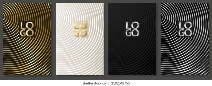 Luxury cover set . Distorted shiny lines on gold, platinum, black and silver background. Circular lines pattern, vector template for business, trendy brochure, elegant invitation.