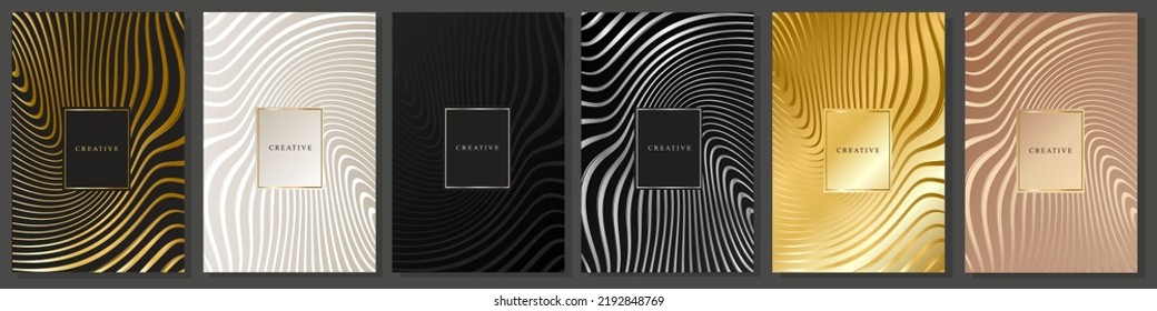 Luxury cover set . Distorted shiny lines on gold, platinum, black, pink and silver background. Wavy curves pattern, vector template for business, trendy brochure, elegant invitation.