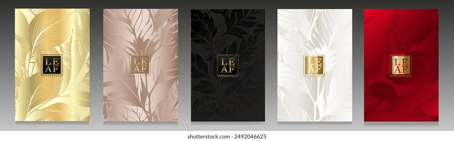 Luxury cover set, foliage design. Leaves pattern on shiny gradient background. Premium collection for invitation, menu, brochure, catalogue, elegant card, botanical packaging.