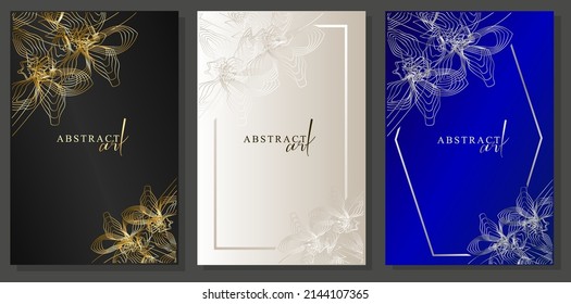 Luxury cover set. Gold, silver and platinum orchid outline on blue, black and silver gradient. Corner floral motif, line art. Collection for invitations, wedding, elegant event.