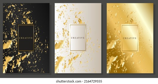 Luxusdeckenset. Goldsplash und -flecken auf schwarz, platiniert und goldenem Hintergrund. Logo-Rahmen. Elegante Broschüren, Veranstaltungen und Einladungen.