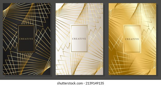 Luxury cover set. Interweaving of Golden Lines, abstract geometric style on Black, Platinum, Gold background.
