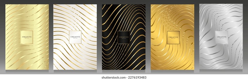 Luxury cover set. Striped backgrounds, wavy and distorted metallic lines. Golden curved lines on beige, black, white gold and silver backgrounds. Elegant brochure collection.