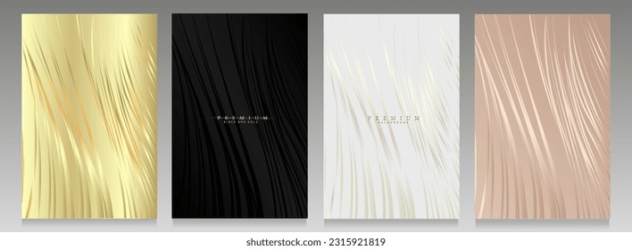 Luxury cover set. Wavy stripes template on gold, black, platinum and delicate pink background. Elegant style with lines, metallic and shiny effect.