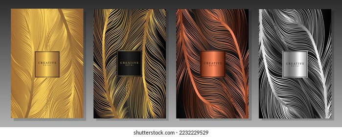 Luxury covers collection design template with elegant feathers. Total golden, black and gold, copper and silver background. Vector premium template for brochure, catalogs, anniversary card, invitation