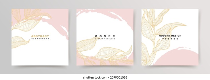 Luxury covers with gold plants on a pink and white background. Social media post templates. Vector illustration for card,
invitation,сontent creators of beauty,
fashion, cosmetic, jewelry,
makeup