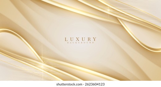 Luxury cream abstract background with elegant golden curves decorated with sparkling light effects and glittering stars.