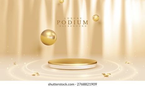 Luxury cream background with clean 3D gold podium. Elegant cosmetic curtain and glowing sphere. Vector illustration.