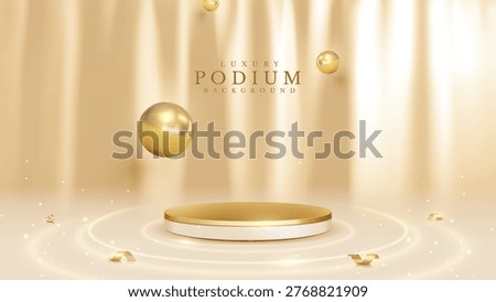 Luxury cream background with clean 3D gold podium. Elegant cosmetic curtain and glowing sphere. Vector illustration.