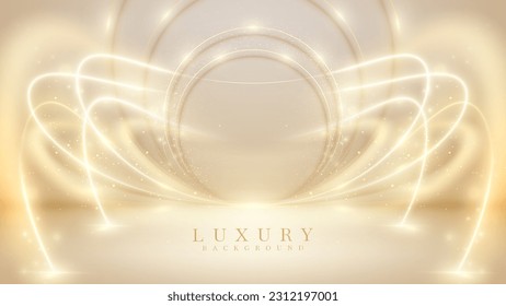 Luxury cream background with gold neon light line effects and bokeh decorations with space for products presentation or award ceremony scene.