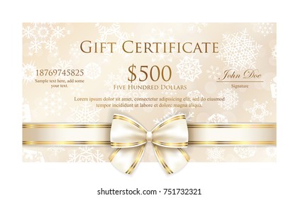 Luxury Cream Christmas Gift Certificate With White Snowflakes And Pink Ribbon