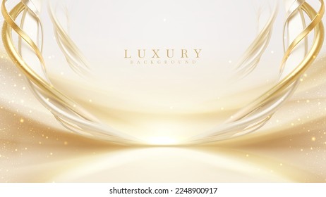 Luxury cream color background with golden line elements and curve light effect decoration and bokeh.