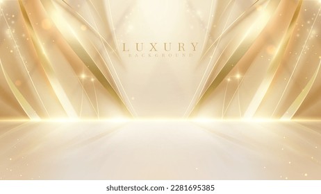Luxury cream color background with golden curve line elements and gold light effects decoration and bokeh, Vector illustration scene design.