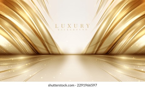 Luxury cream color background with golden line elements and curve light effect decoration and bokeh.