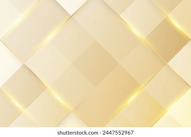 Luxuriöser cremegoldener geometrischer Hintergrund mit quadratischem Rhombusmuster, Goldlinien und funkelndem Licht im 3D-Papierschnitt-Stil, Vektorillustration.