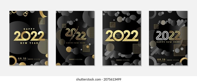 Luxury creative concept of golden 2022 New Year posters set. Elegant cover black background with gold colors geometric shape and logo 2022. Vector Illustration for banner, calendar cover, card