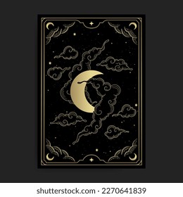 Luxury Crescent Moon and Clouds Illustration in Hand-Drawn Line Art Style