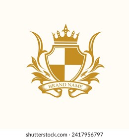 Plantilla de logotipo heraldry de cresta de lujo. Elegante ícono de escudo heráldico. emblema de identidad de marca premium. Símbolo de la marca de la compañía del escudo de armas real. Ilustración vectorial moderna.