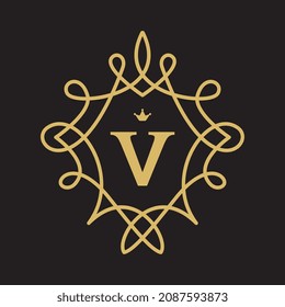 Luxury crest linear logo with letter V. Emblem for family or different business as a boutique, beauty salon, hotel. Vector illustration.