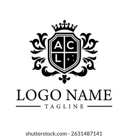 Logotipo da crista de luxo com escudo, coroa real e floreios decorativos para a identidade da marca elegante ou serviços premium