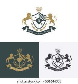 Luxury Crest Logo Template with Lion and Horse ornament crown symbol