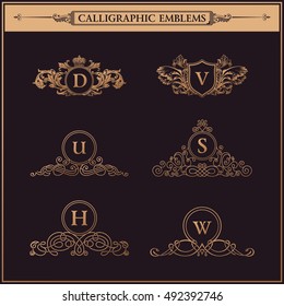 Luxury crest logos monogram. Vintage royal flourishes elements. Calligraphic symbol ornament. Letters in frame D, V, U, S, H, W. 