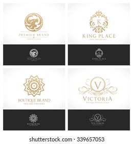 Luxury crests Logo collection Brand identity with King and royal sign, V letter, Lion, ornament vector illustration.