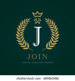 Luxury crown & key calligraphic letter J monogram logo. Laurel elegant beautiful round logo with crown and key. Vector letter emblem sign J for Royalty, Restaurant, Boutique, Hotel, Heraldic, Jewelry