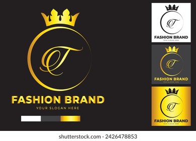 Luxury  crown logo design template . suitable for fashion, brand, kingdom, crown, king, queen with Letter T.