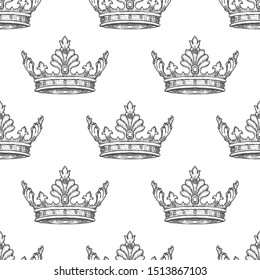Luxury Crown Pattern Seamless Background. Hand Drawn Vector illustration