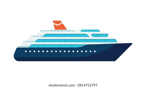 luxury cruise ship floating on azure sea with white superstructure and blue hull in bright sunlight perfect for travel leisure and vacation imagery