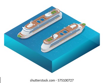 Luxury cruise ship. A modern liner is in an ocean. Flat 3d vector isometric illustration