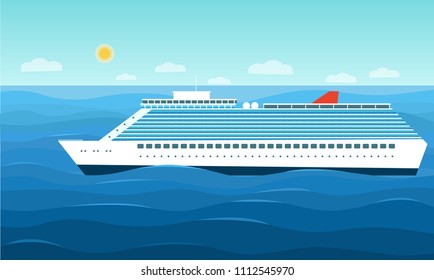 Luxury cruise ship in the ocean. Vector flat style illustration.