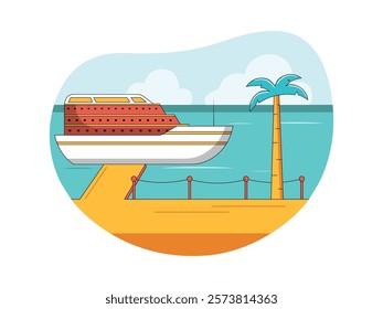 Luxury cruise ship on the beach, waiting for passengers to board. Character design. Vector flat illustration