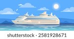 Luxury cruise ship sailing on calm sea under blue sky. Vector illustration