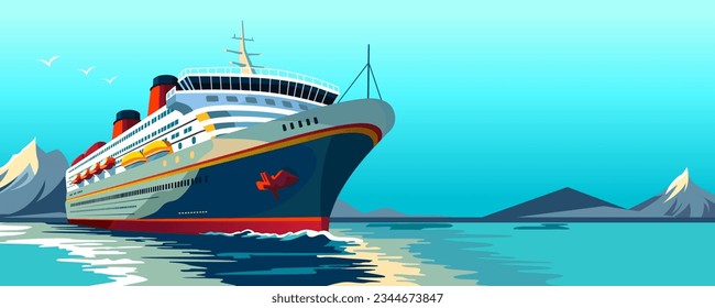 Luxury cruise ship. Sea passenger transportation. Boat in ocean water. Journey vessel. Marine vacation. Modern large liner. Realistic seascape. Summer nautical holiday. Vector illustration